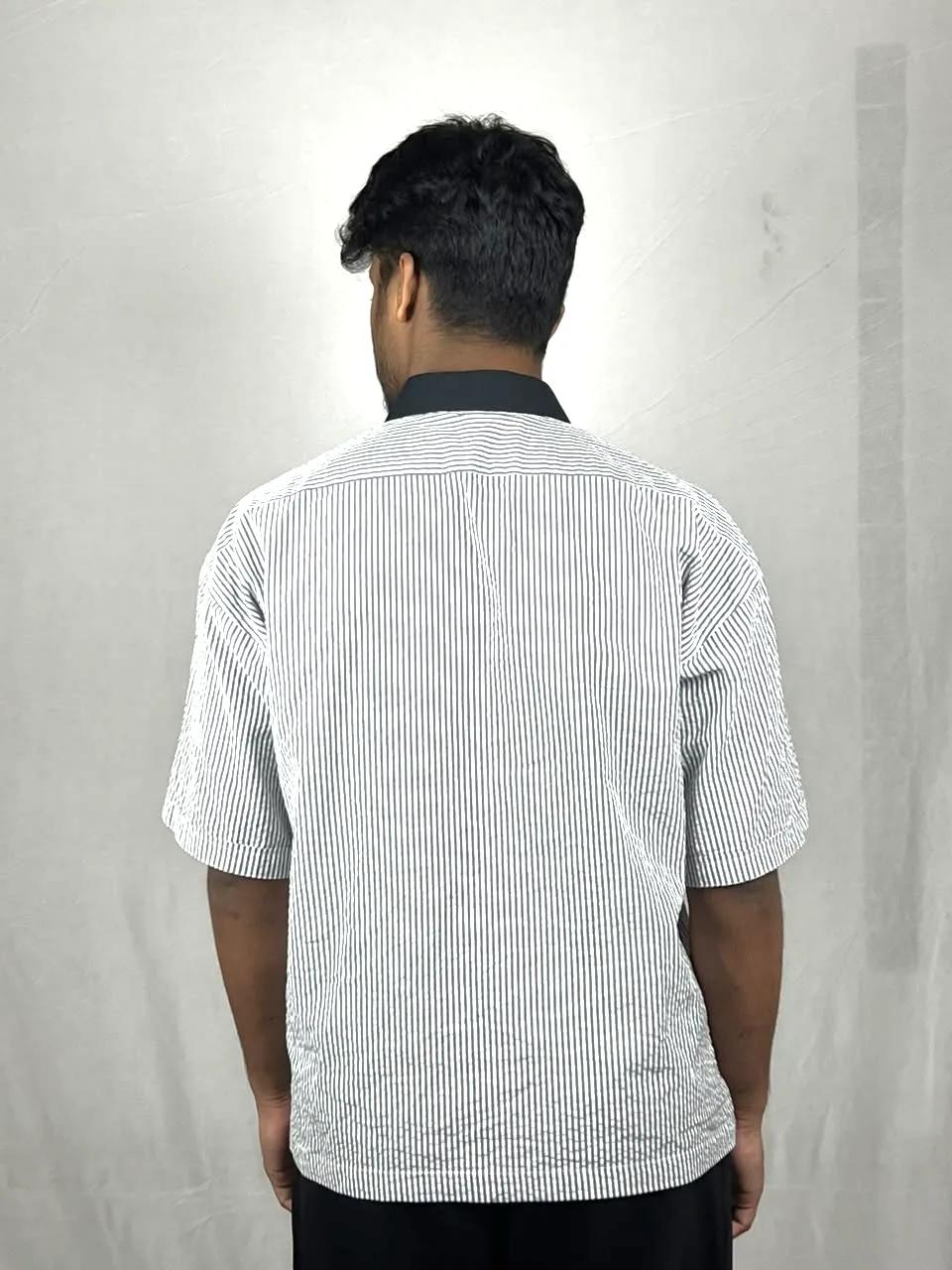 Black & White Striped Contrast Collar Boxy Shirt back view
