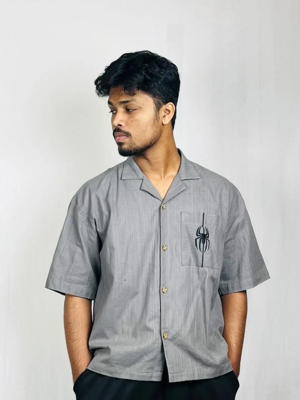 Grey Spider Embroidery Boxy Shirt